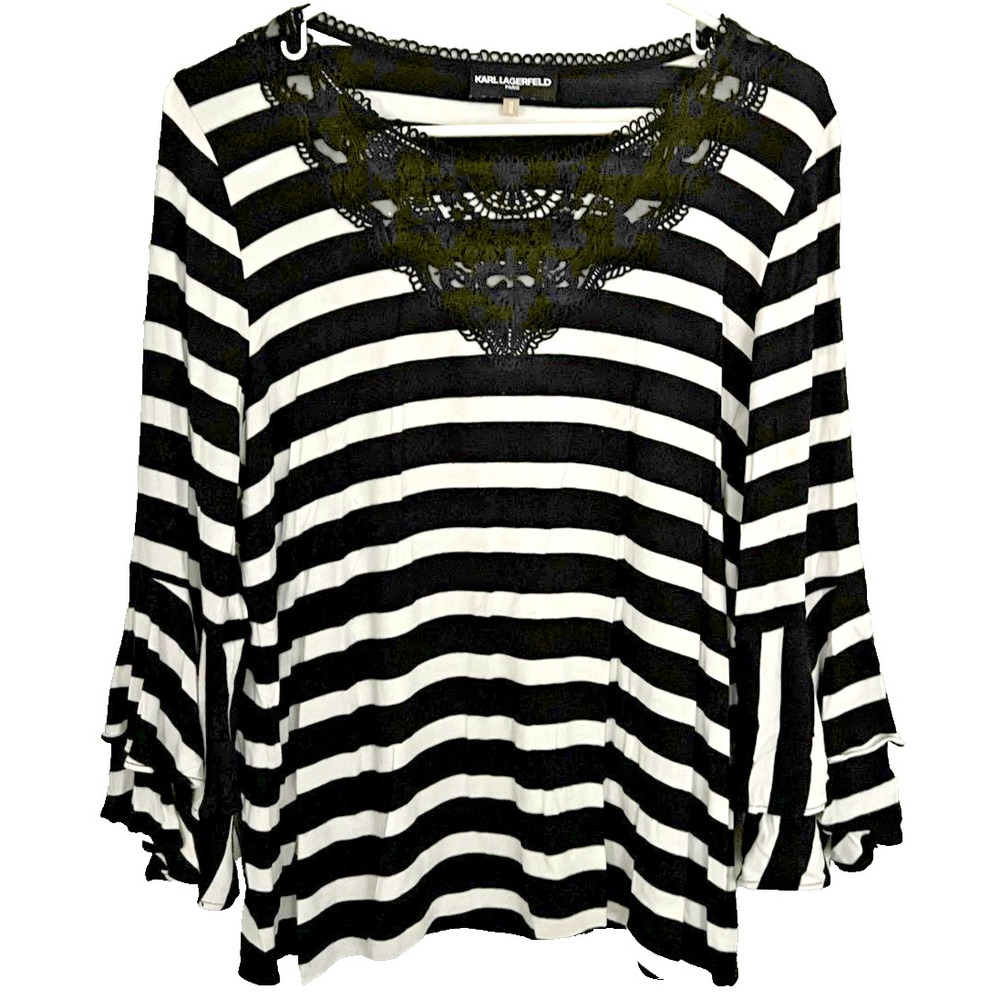 Karl Lagerfeld Paris Shirt Womens M Black White Stripe Lace Bell Sleeve EUC